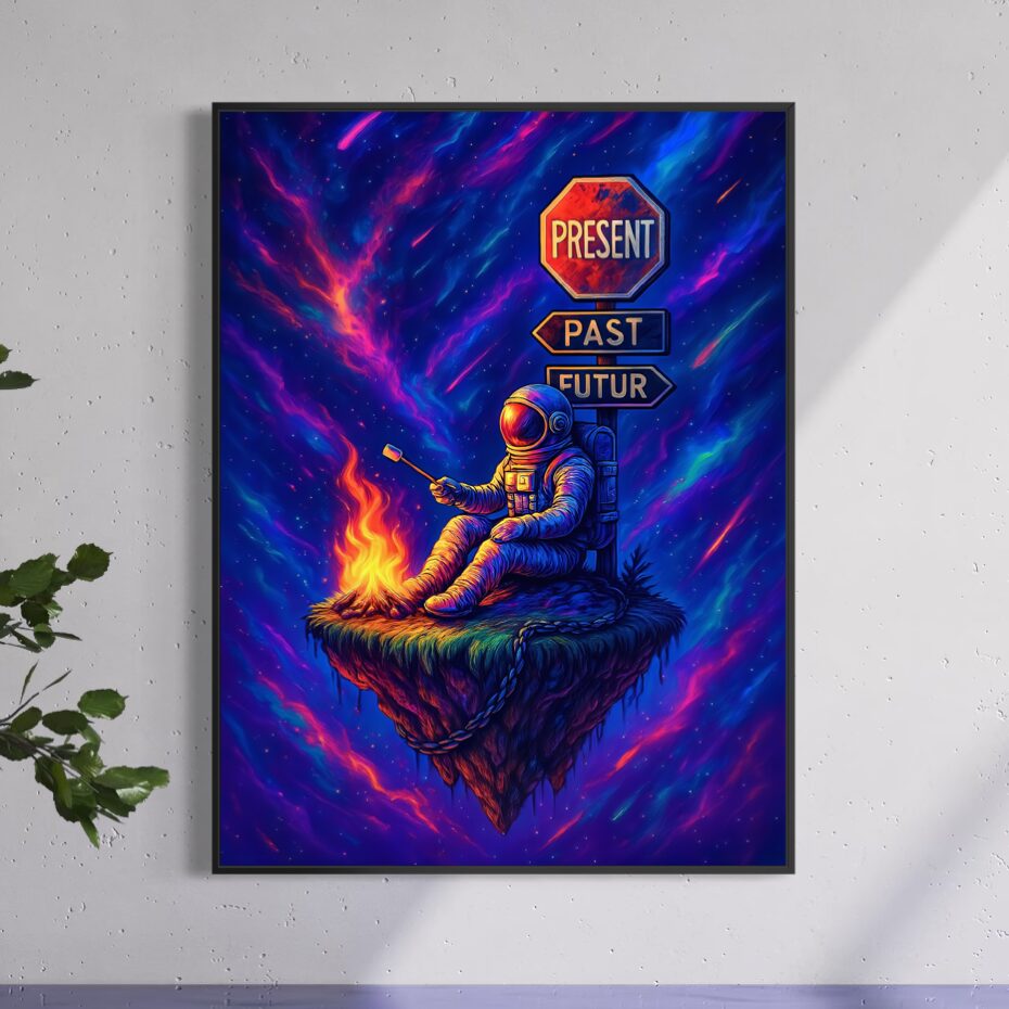 Tableau Hors du Temps – Astronaute, Cosmos et Présent Tableau Hors du Temps encadré sur un mur texturé, représentant un astronaute assis près d’un feu sur une île flottante dans un cosmos coloré.