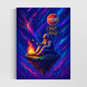 Tableau Hors du Temps représentant un astronaute assis près d’un feu sur une île flottante, avec des panneaux Present, Past et Futur dans un cosmos coloré.