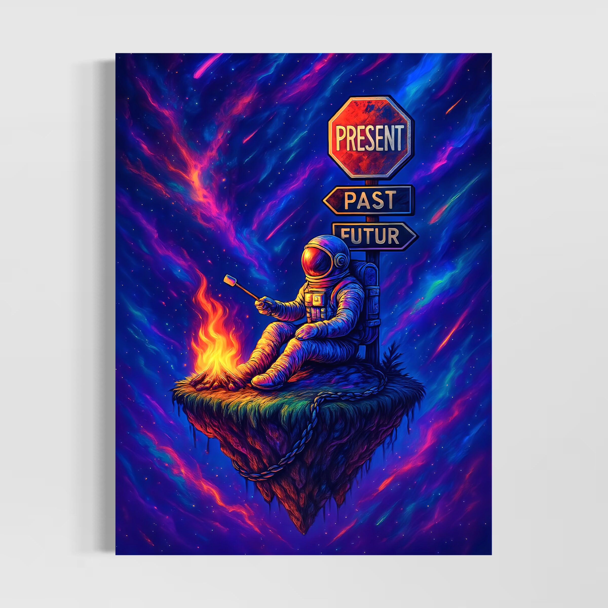 Tableau Hors du Temps – Astronaute, Cosmos et Présent Tableau Hors du Temps représentant un astronaute assis près d’un feu sur une île flottante, avec des panneaux Present, Past et Futur dans un cosmos coloré.