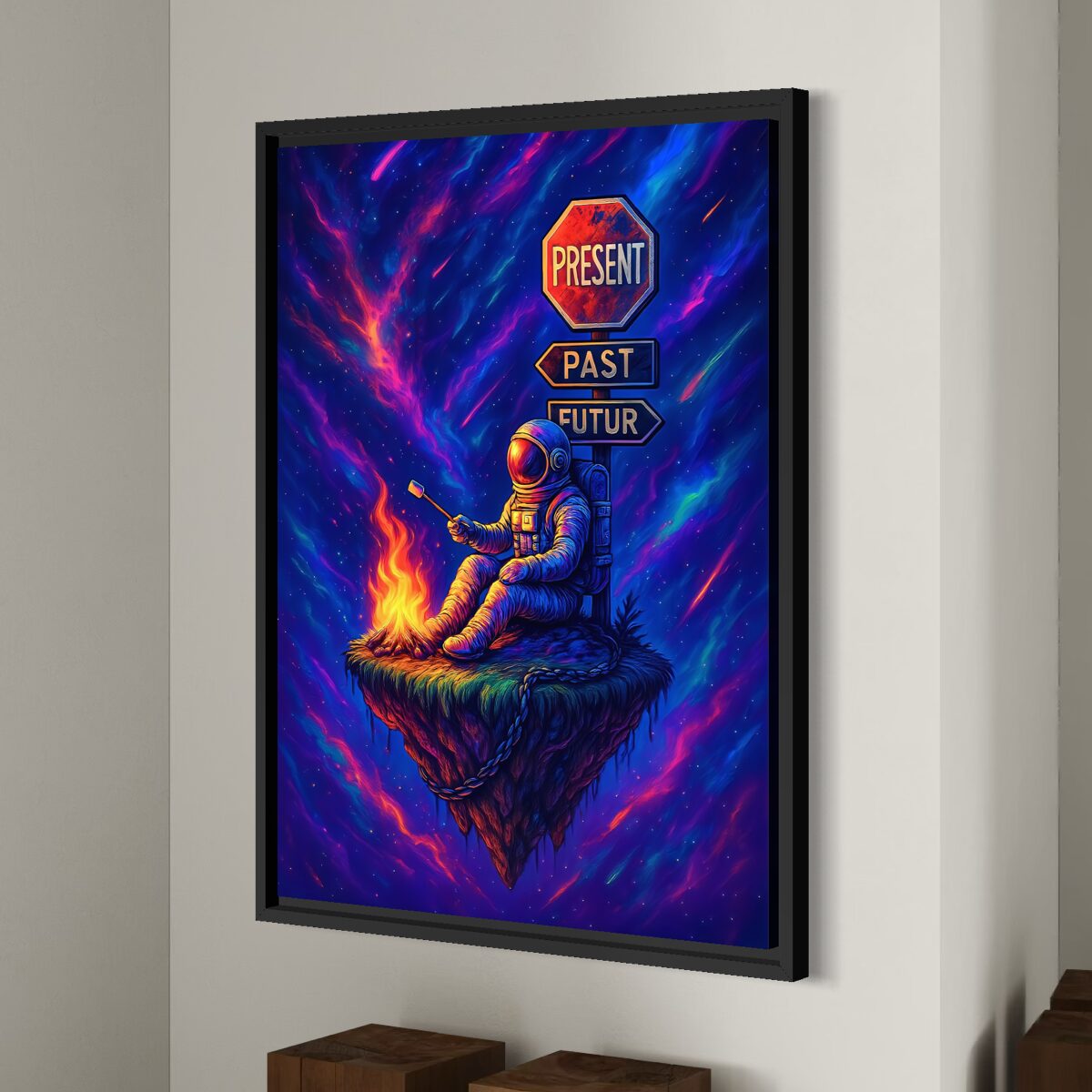 Tableau Hors du Temps – Astronaute, Cosmos et Présent Tableau Hors du Temps en vue latérale avec cadre noir, représentant un astronaute assis près d’un feu sur une île flottante dans un cosmos coloré.