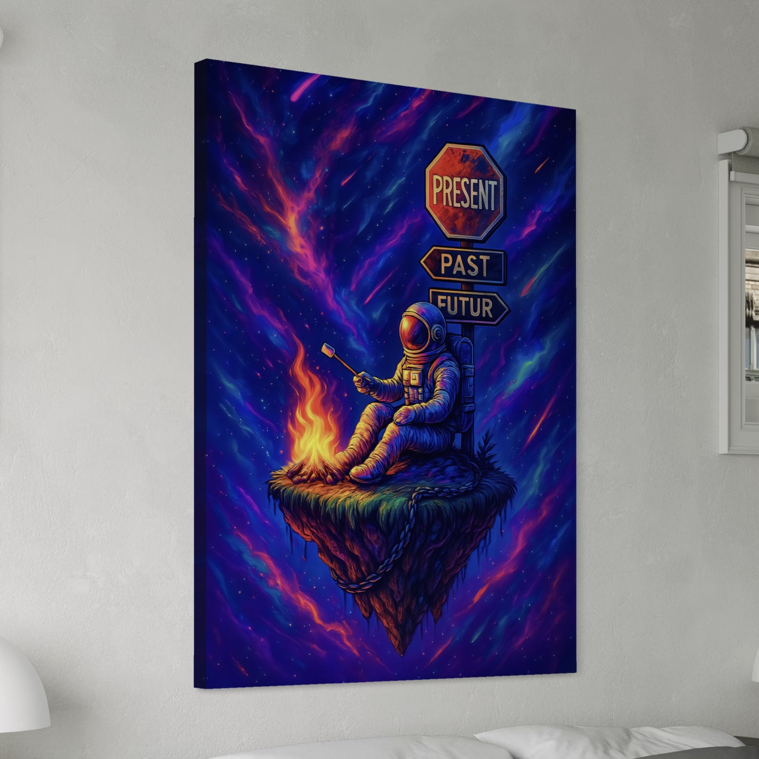 Tableau Hors du Temps – Astronaute, Cosmos et Présent Tableau Hors du Temps en vue latérale dans une chambre, représentant un astronaute assis près d’un feu sur une île flottante dans un cosmos coloré.