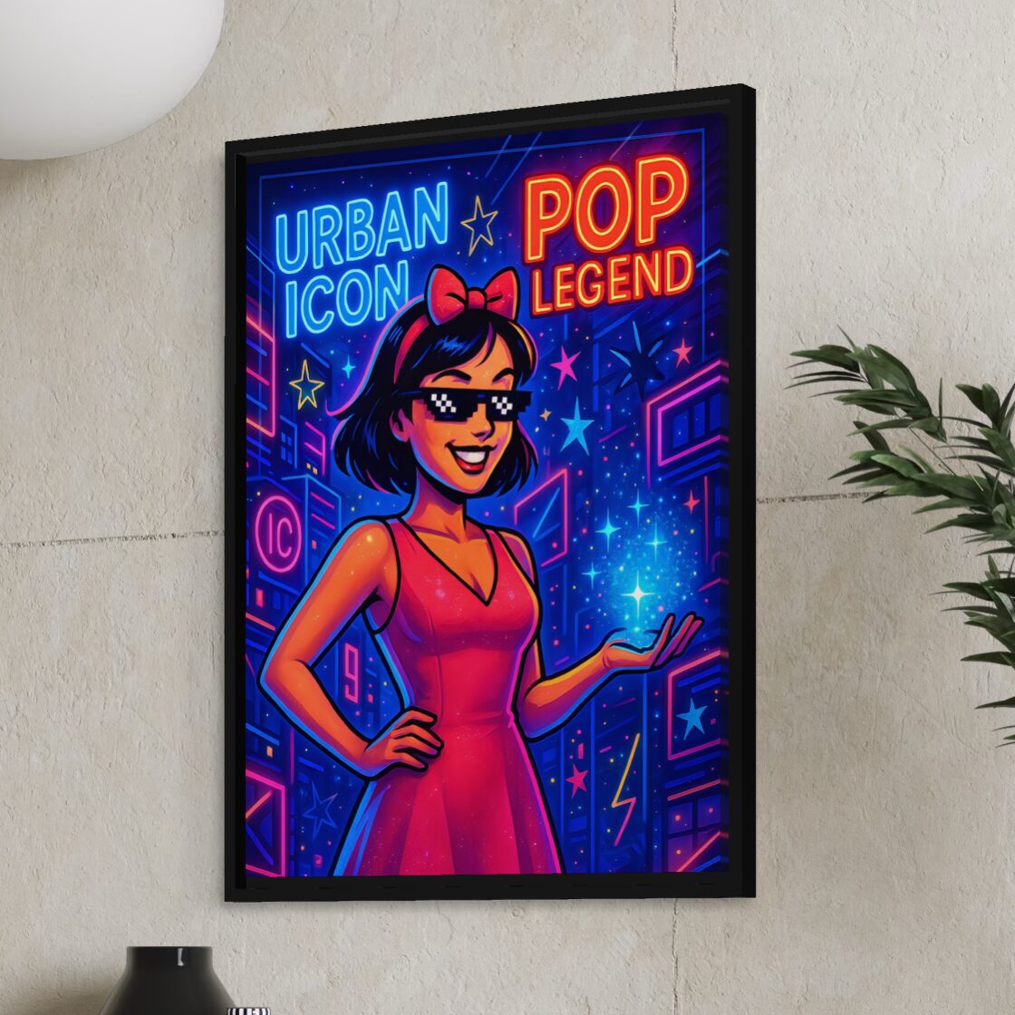Tableau Icône Urbaine encadré noir représentant une illustration pop art moderne aux néons colorés inspirée de la culture urbaine contemporaine