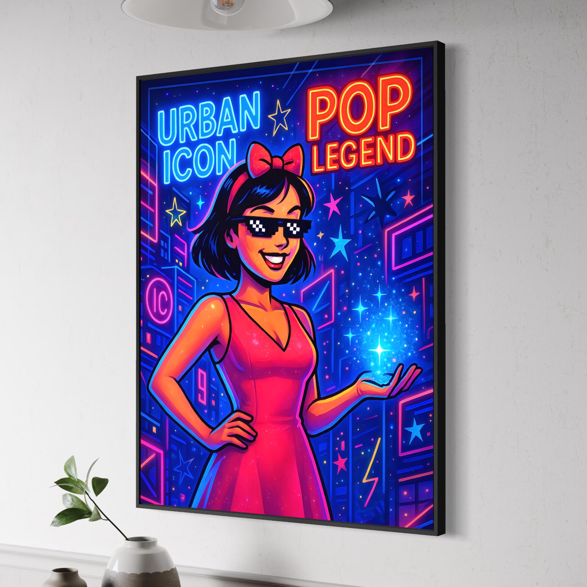 Tableau Icône Urbaine encadré noir représentant une illustration pop art lumineuse d’inspiration urbaine avec néons colorés et personnage féminin moderne