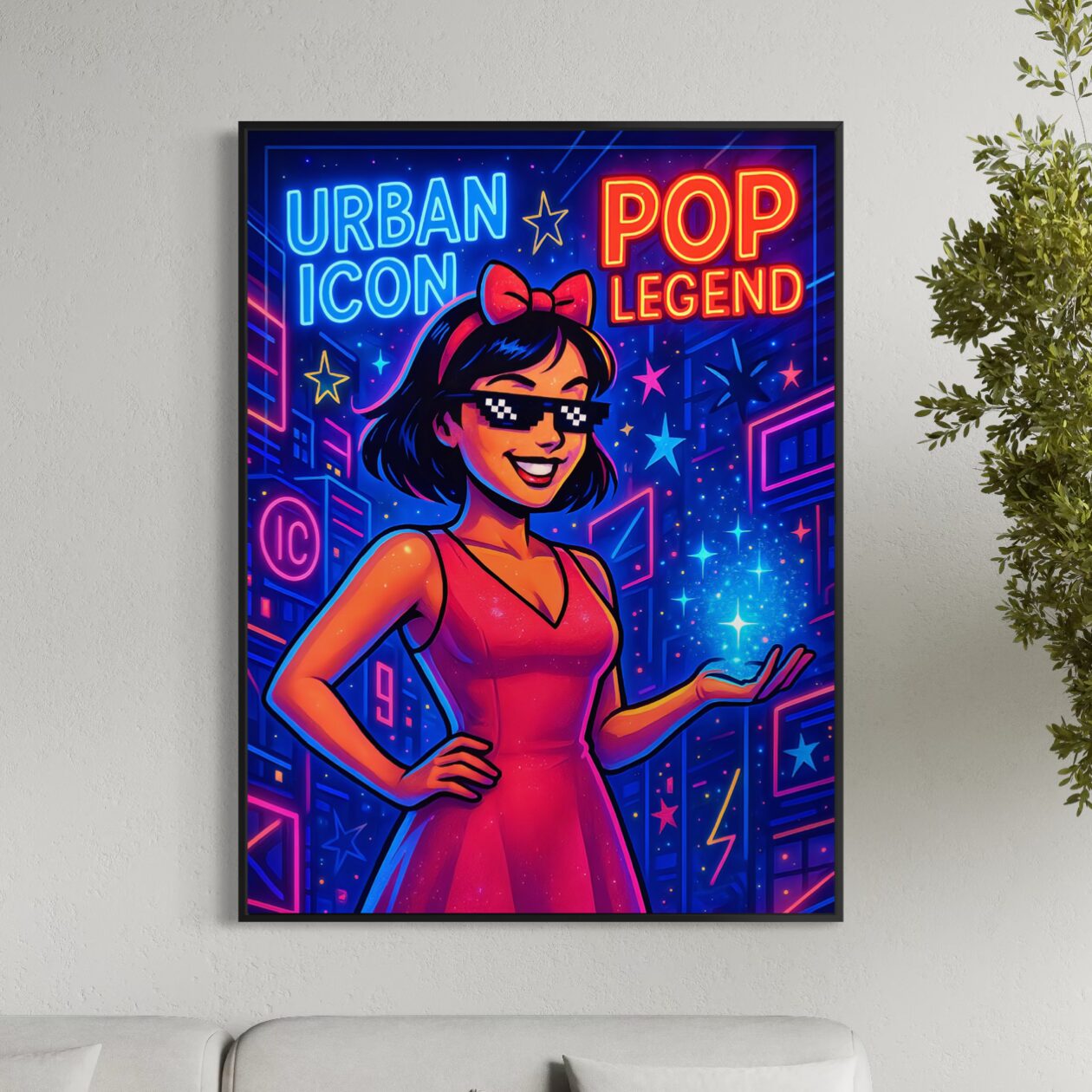 Tableau Icône Urbaine encadré représentant une illustration pop art contemporaine aux néons colorés dans un intérieur moderne et lumineux
