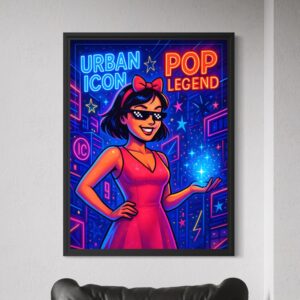 Tableau Icône Urbaine encadrement noir représentant une illustration pop art contemporaine aux néons colorés inspirée de la culture urbaine moderne