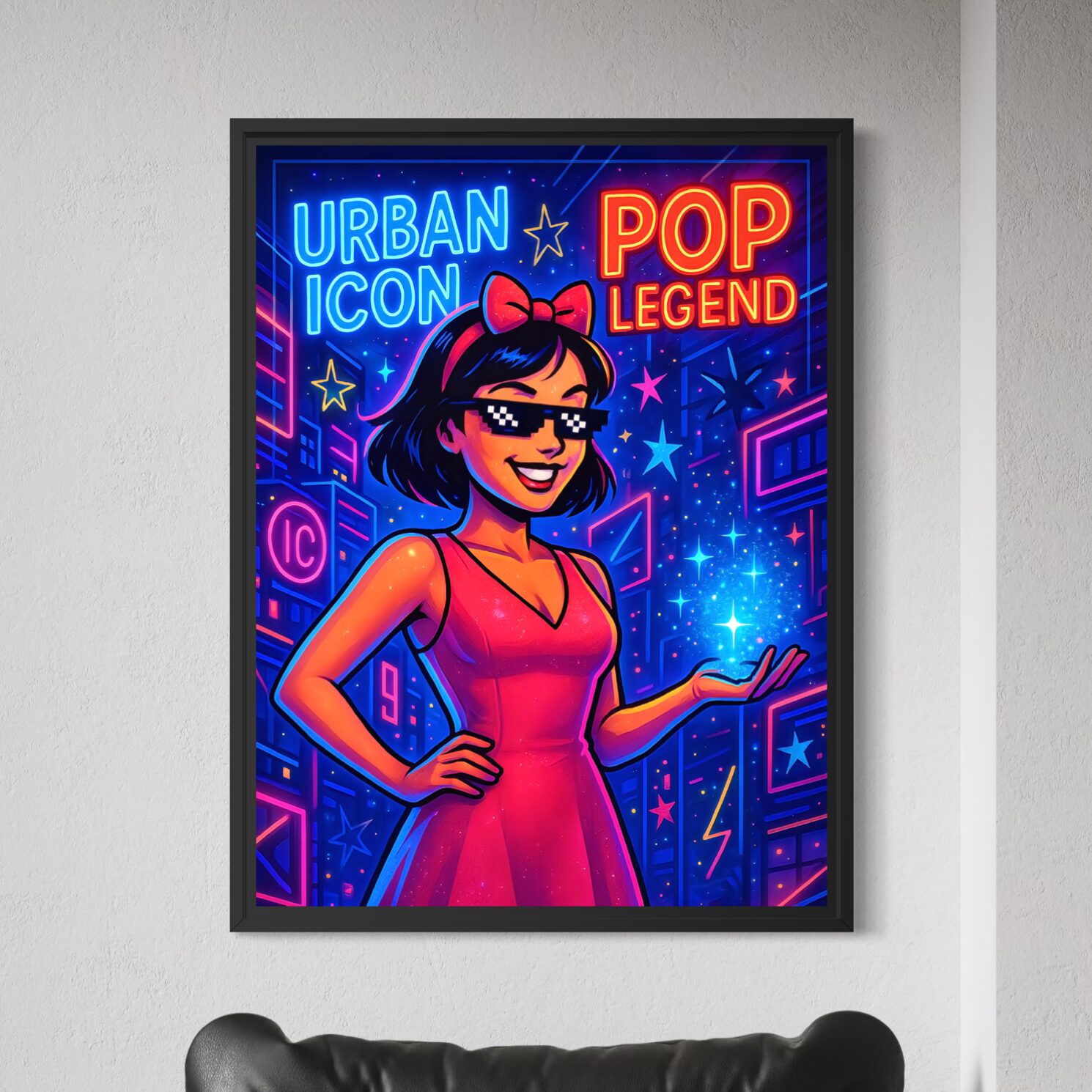 Tableau Icône Urbaine encadrement noir représentant une illustration pop art contemporaine aux néons colorés inspirée de la culture urbaine moderne
