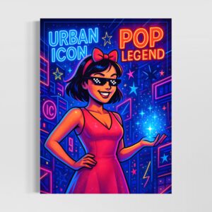 Tableau Icône Urbaine représentant une illustration pop art contemporaine d’une jeune femme dans un univers urbain lumineux aux néons colorés et à l’esthétique rétro moderne