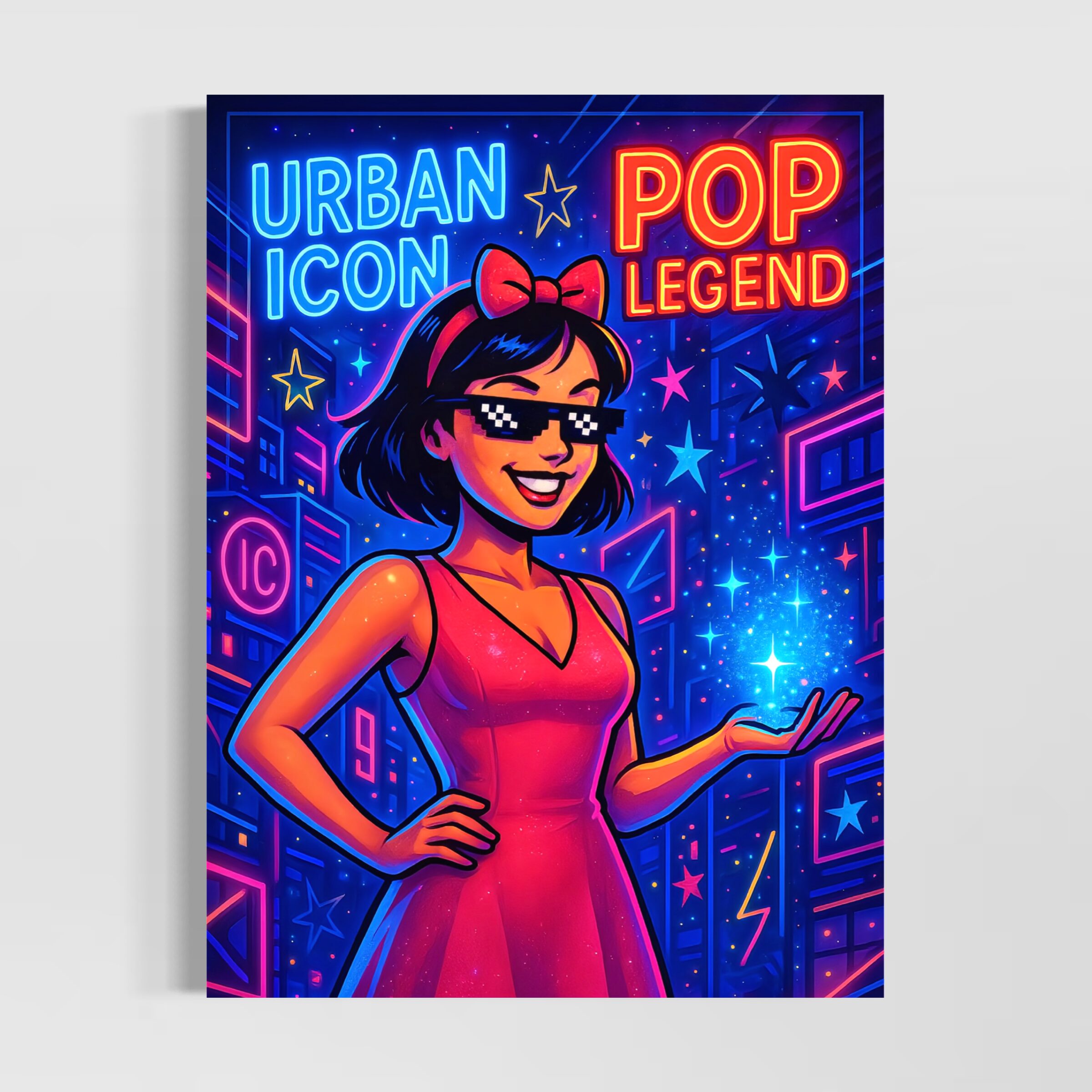 Tableau Icône Urbaine représentant une illustration pop art contemporaine d’une jeune femme dans un univers urbain lumineux aux néons colorés et à l’esthétique rétro moderne