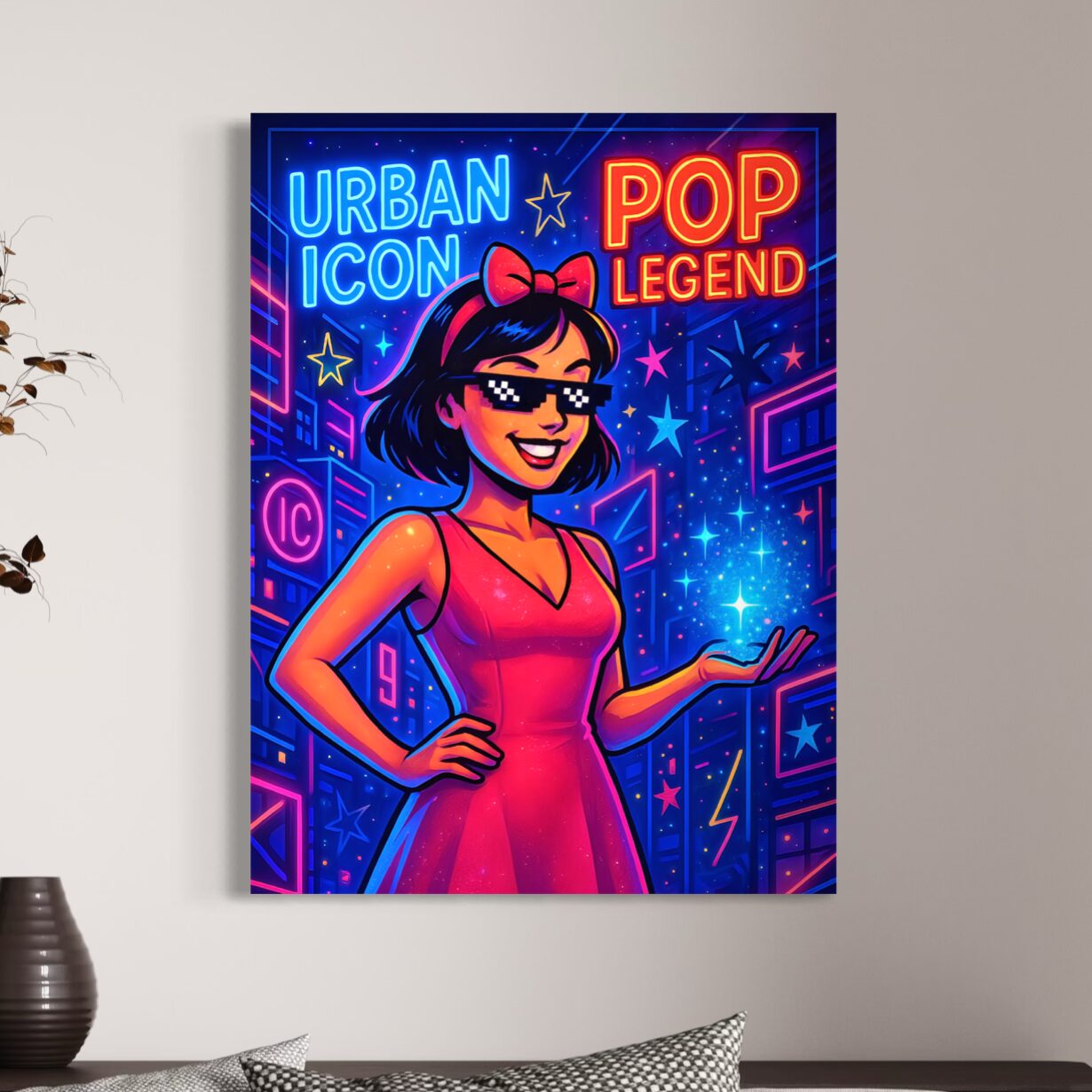 Tableau Icône Urbaine représentant une illustration pop art colorée d’une jeune femme dans un univers de néons lumineux inspiré de la culture urbaine contemporaine