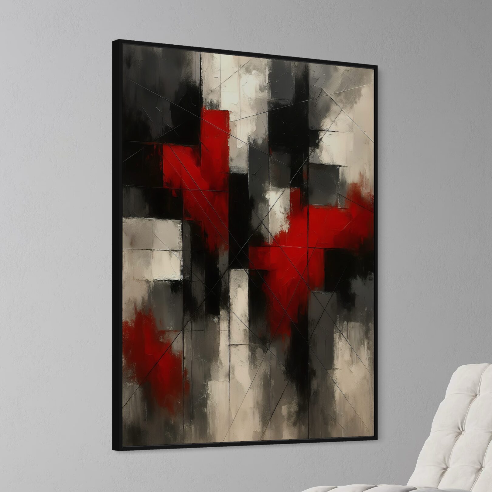 Tableau Impact Rouge – Art Abstrait Moderne Rouge et Noir | SPEKTRA Tableau abstrait contemporain Impact Rouge encadré noir avec formes géométriques rouges, noires et ivoire