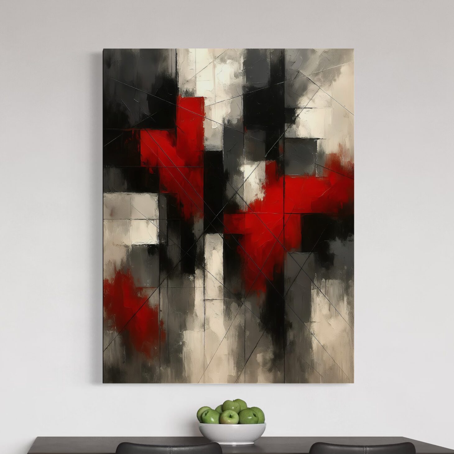 Tableau Impact Rouge – Art Abstrait Moderne Rouge et Noir | SPEKTRA Tableau abstrait Impact Rouge avec composition géométrique rouge, noire et blanche au-dessus d'une table contemporaine