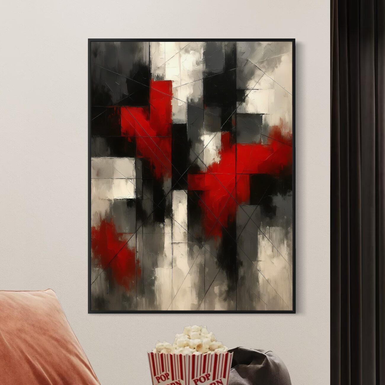 Tableau Impact Rouge – Art Abstrait Moderne Rouge et Noir | SPEKTRA Tableau abstrait Impact Rouge aux formes géométriques rouges, noires et blanches dans un intérieur contemporain