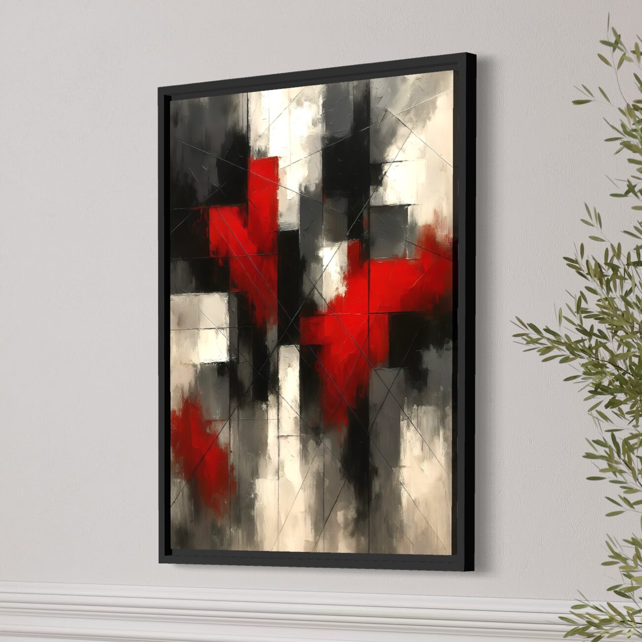 Tableau Impact Rouge – Art Abstrait Moderne Rouge et Noir | SPEKTRA Tableau abstrait Impact Rouge encadré noir, composition géométrique rouge, noir et blanc dans un intérieur contemporain
