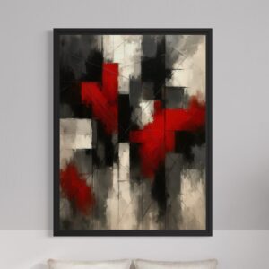 Tableau abstrait moderne Impact Rouge encadré, composition géométrique rouge noir et blanc dans un intérieur contemporain