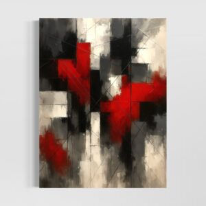 Tableau abstrait moderne rouge noir et blanc aux formes géométriques contemporaines, œuvre murale design Impact Rouge par SPEKTRA