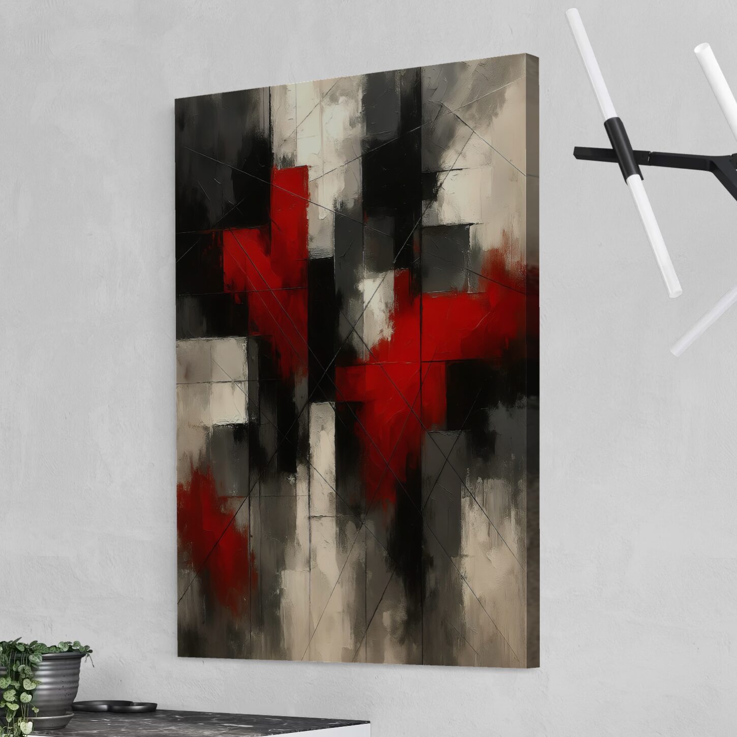 Tableau Impact Rouge – Art Abstrait Moderne Rouge et Noir | SPEKTRA Tableau abstrait Impact Rouge imprimé sur toile avec composition géométrique rouge, noire et blanche