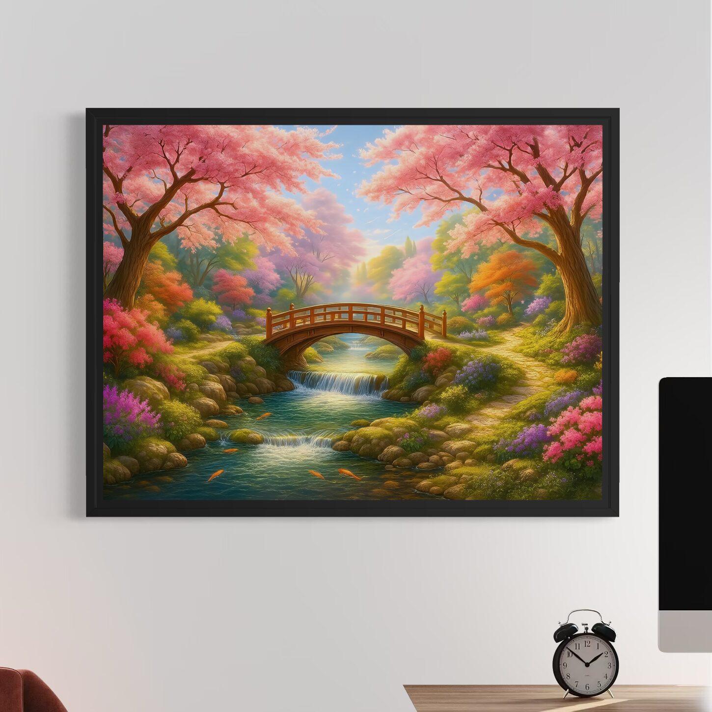Tableau Jardin Éternel – Jardin Japonais et Fleurs de Cerisier | SPEKTRA Tableau Jardin Éternel encadré dans un espace de travail moderne représentant un pont japonais, une rivière paisible et des cerisiers en fleurs colorés