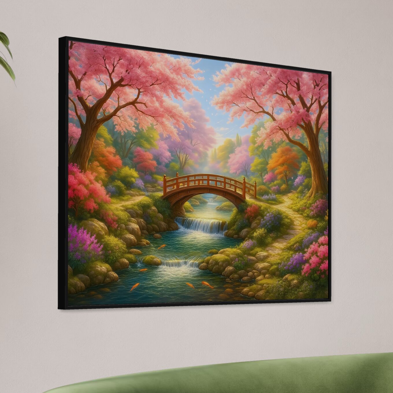 Tableau Jardin Éternel – Jardin Japonais et Fleurs de Cerisier | SPEKTRA Tableau Jardin Éternel avec cadre noir vu en perspective mettant en scène un paysage japonais, un pont traditionnel, une rivière et des cerisiers en fleurs