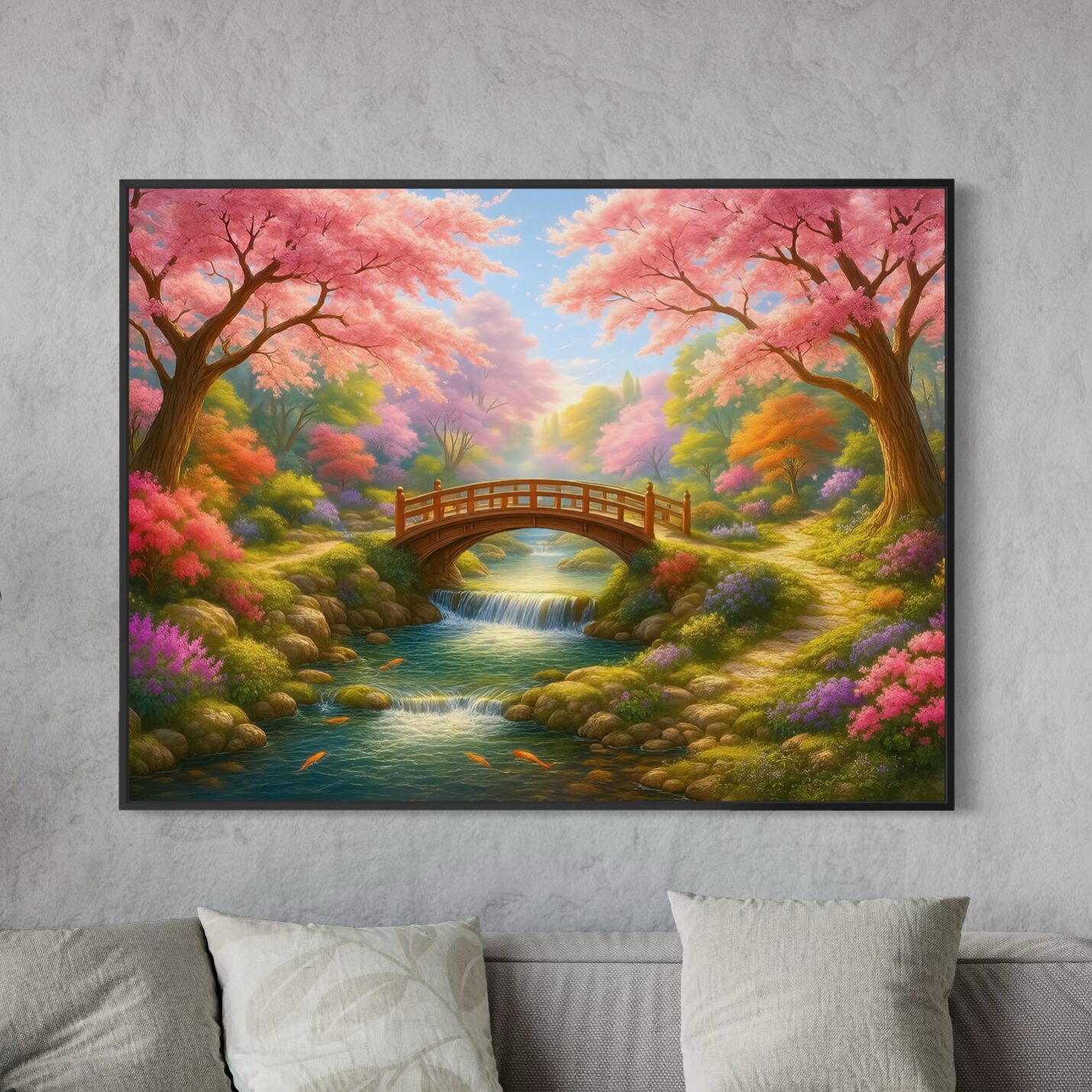 Tableau Jardin Éternel – Jardin Japonais et Fleurs de Cerisier | SPEKTRA Tableau Jardin Éternel encadré au-dessus d’un canapé représentant un paysage japonais féerique avec pont en bois, rivière et cerisiers en fleurs