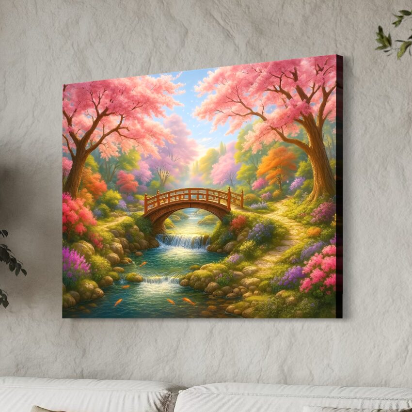 Tableau Jardin Éternel – Jardin Japonais et Fleurs de Cerisier | SPEKTRA Toile Jardin Éternel vue en perspective révélant un paysage japonais féerique avec pont en bois, rivière paisible et cerisiers roses en fleurs