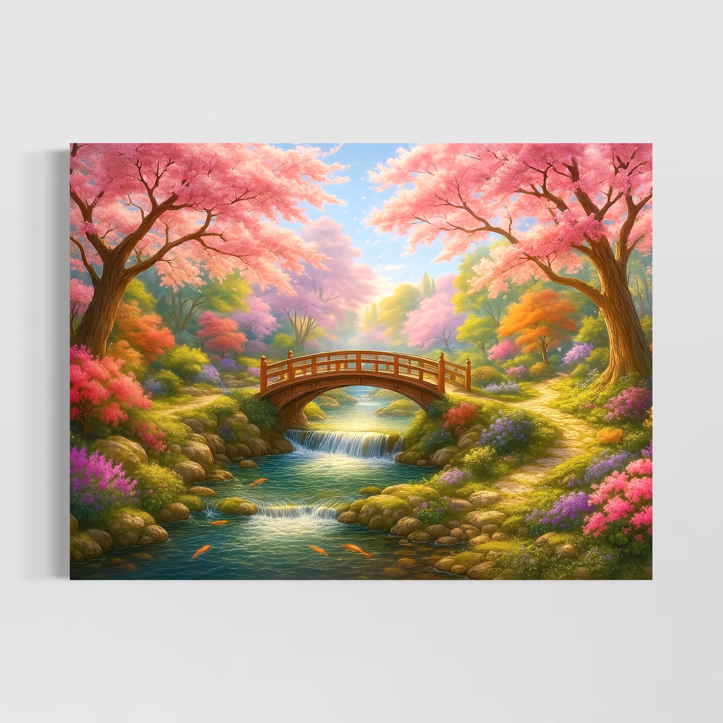 Tableau Jardin Éternel – Jardin Japonais et Fleurs de Cerisier | SPEKTRA Tableau Jardin Éternel représentant un jardin japonais enchanteur avec pont en bois, rivière paisible, fleurs de cerisier roses et paysage printanier lumineux