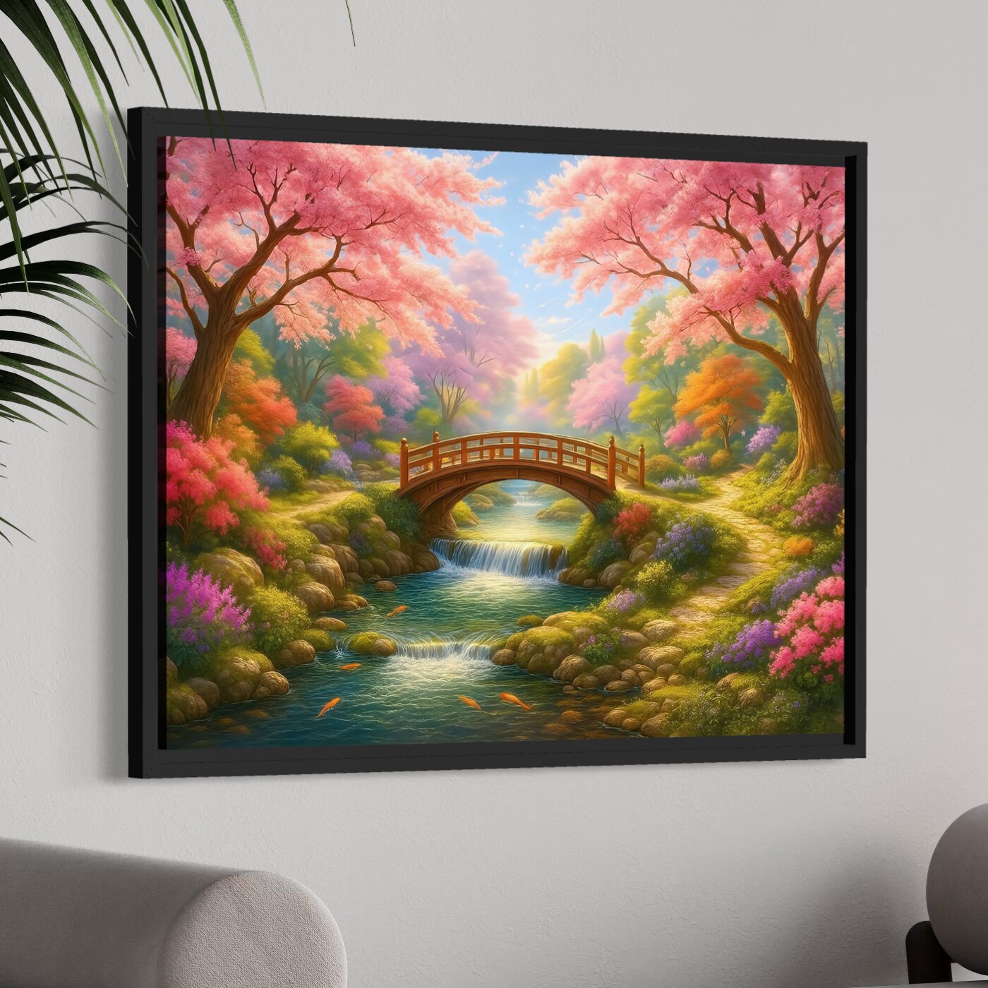 Tableau Jardin Éternel – Jardin Japonais et Fleurs de Cerisier | SPEKTRA Tableau Jardin Éternel encadré dans un salon moderne représentant un pont japonais, une rivière paisible et des cerisiers en fleurs aux couleurs lumineuses