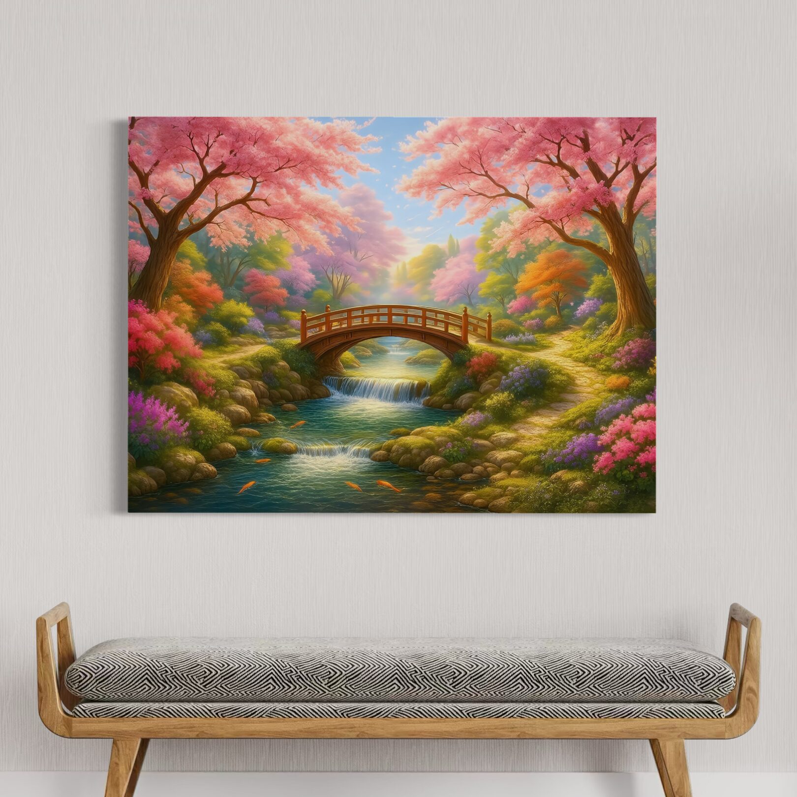 Tableau Jardin Éternel – Jardin Japonais et Fleurs de Cerisier | SPEKTRA Tableau Jardin Éternel installé dans un intérieur moderne mettant en scène un pont japonais, une rivière paisible et des cerisiers en fleurs aux couleurs éclatantes