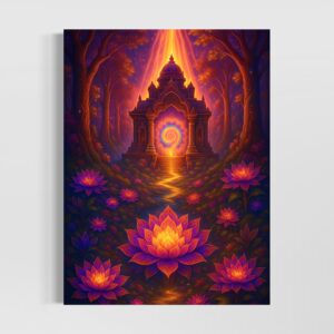 Tableau Jardin Mystique représentant un temple lumineux au cœur d’une forêt enchantée, entouré de fleurs de lotus roses et orangées.