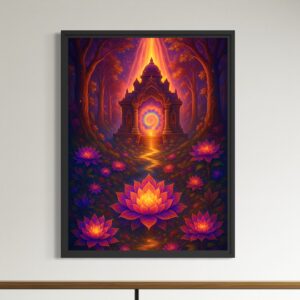 Tableau Jardin Mystique encadré en noir, représentant un temple lumineux dans une forêt enchantée avec des fleurs de lotus roses et orangées.
