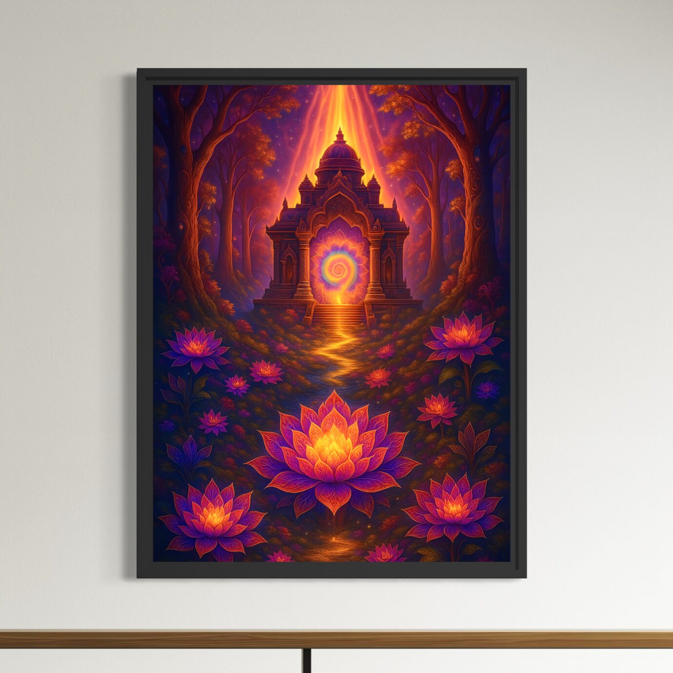 Tableau Jardin Mystique – Temple Lumineux et Lotus Tableau Jardin Mystique encadré en noir, représentant un temple lumineux dans une forêt enchantée avec des fleurs de lotus roses et orangées.
