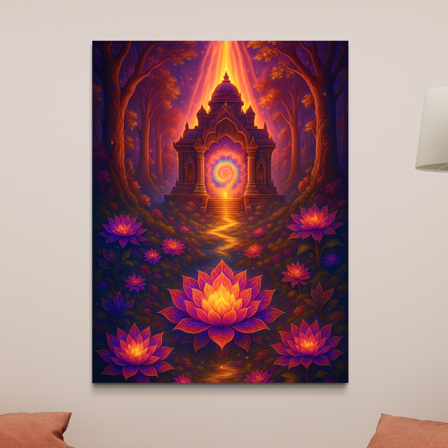 Tableau Jardin Mystique – Temple Lumineux et Lotus Tableau Jardin Mystique installé dans un intérieur chaleureux avec coussins terracotta, représentant un temple lumineux entouré de fleurs de lotus.