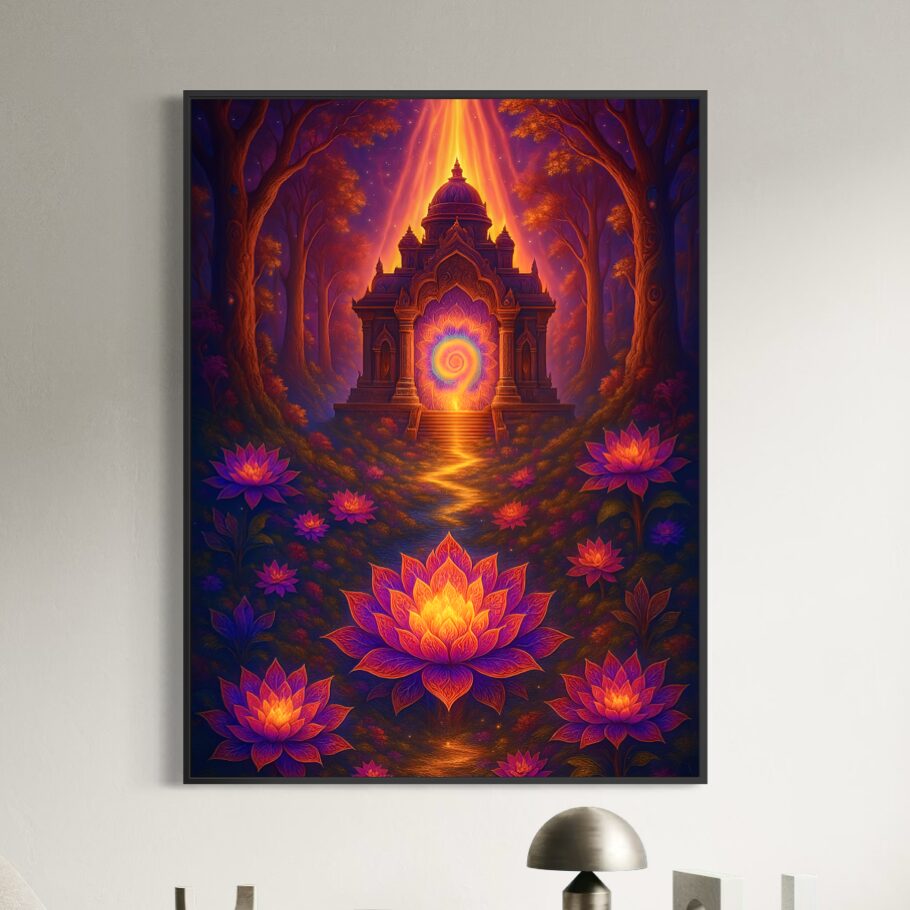 Tableau Jardin Mystique – Temple Lumineux et Lotus Tableau Jardin Mystique installé dans un salon moderne, représentant un temple lumineux entouré de fleurs de lotus dans une forêt mystique.