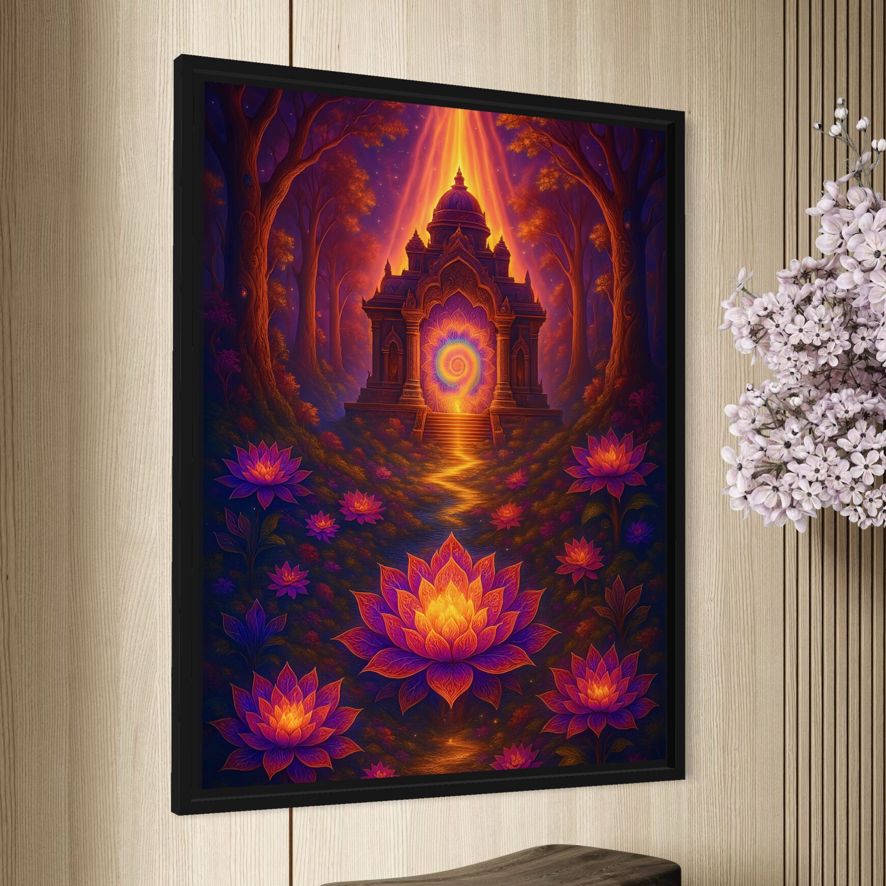 Tableau Jardin Mystique – Temple Lumineux et Lotus Tableau Jardin Mystique en vue latérale avec cadre noir, représentant un temple lumineux entouré de fleurs de lotus dans une forêt enchantée.