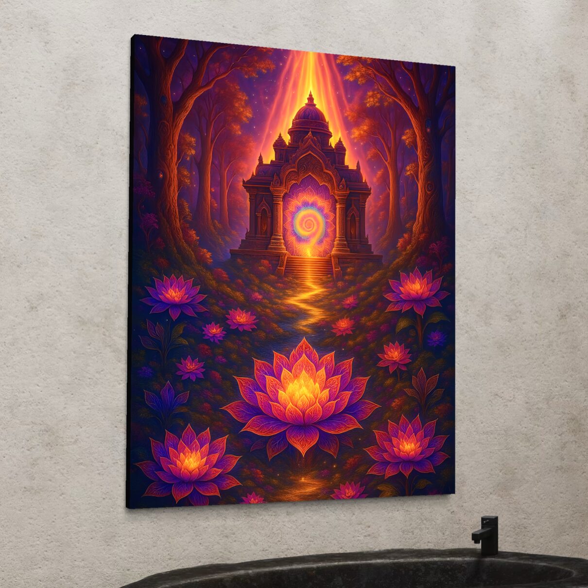 Tableau Jardin Mystique – Temple Lumineux et Lotus Tableau Jardin Mystique en vue latérale dans une salle de bain, représentant un temple lumineux entouré de fleurs de lotus dans une forêt mystique.