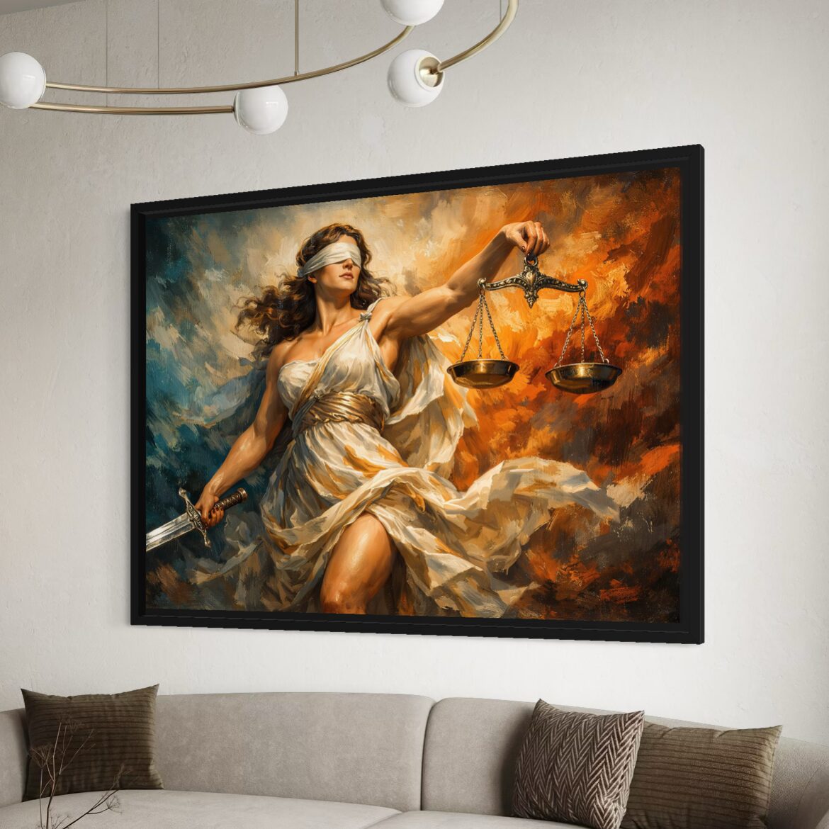 Tableau Justice Ardente – Balance, Épée et Force Symbolique Tableau Justice Ardente encadré en noir au-dessus d’un canapé beige, représentant une femme aux yeux bandés tenant une balance et une épée dans une scène puissante.
