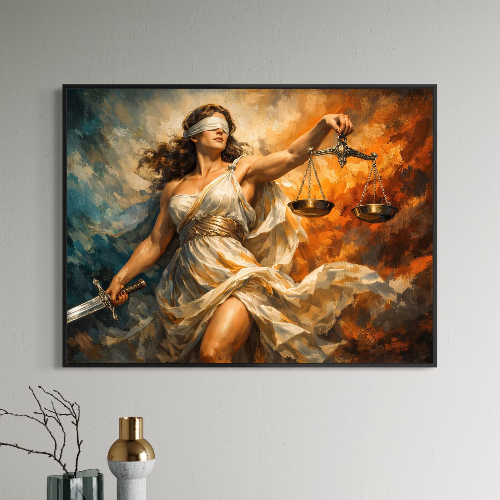 Tableau Justice Ardente – Balance, Épée et Force Symbolique Tableau Justice Ardente encadré en noir sur un mur clair, représentant une femme aux yeux bandés tenant une balance et une épée dans une composition dramatique.