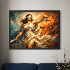 Tableau Justice Ardente encadré en noir et présenté dans un salon, représentant une femme aux yeux bandés tenant une balance et une épée dans une scène symbolique intense.