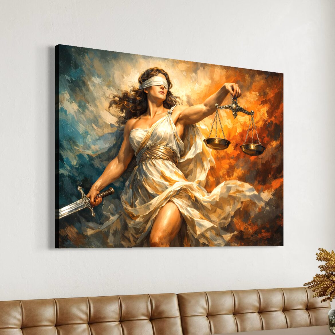 Tableau Justice Ardente – Balance, Épée et Force Symbolique Tableau Justice Ardente installé au-dessus d’un canapé en cuir marron, représentant une femme aux yeux bandés tenant une balance et une épée dans une scène lumineuse et symbolique.