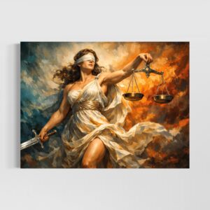 Tableau Justice Ardente représentant une femme aux yeux bandés tenant une balance et une épée dans une composition puissante mêlant justice, force et lumière flamboyante.