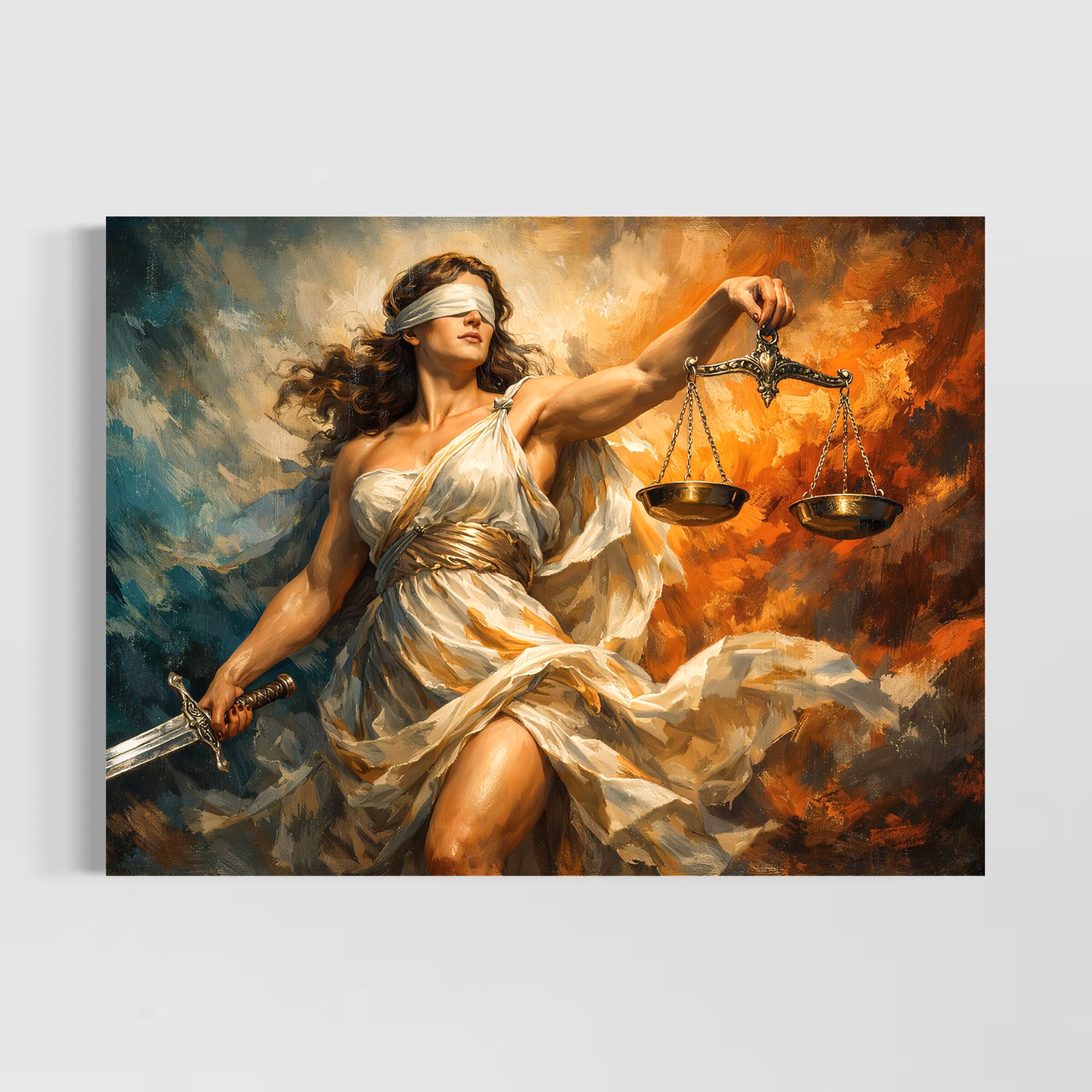 Tableau Justice Ardente – Balance, Épée et Force Symbolique Tableau Justice Ardente représentant une femme aux yeux bandés tenant une balance et une épée dans une composition puissante mêlant justice, force et lumière flamboyante.