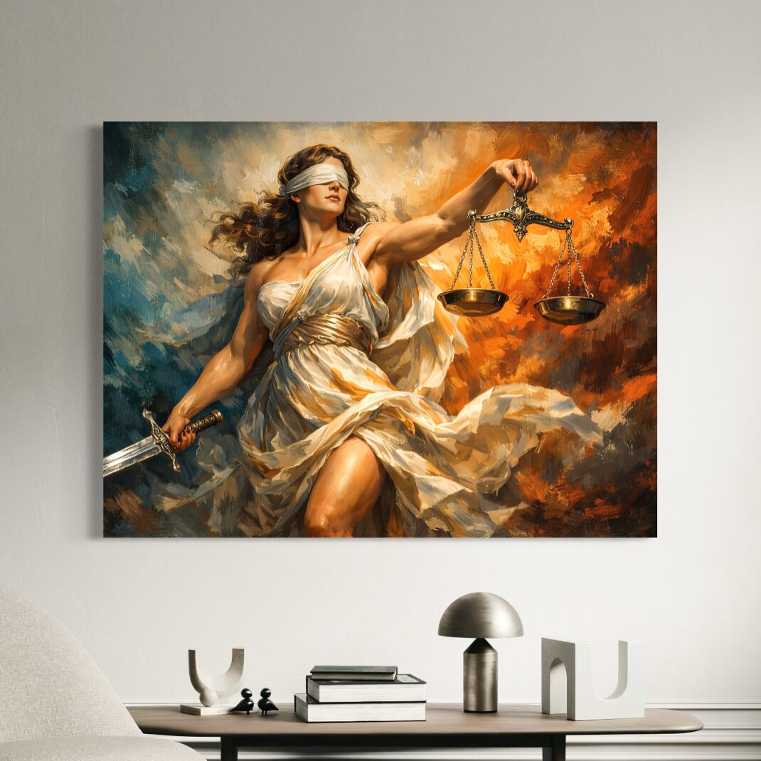 Tableau Justice Ardente – Balance, Épée et Force Symbolique Tableau Justice Ardente présenté dans un salon moderne, représentant une femme aux yeux bandés tenant une balance et une épée dans une composition intense et lumineuse.