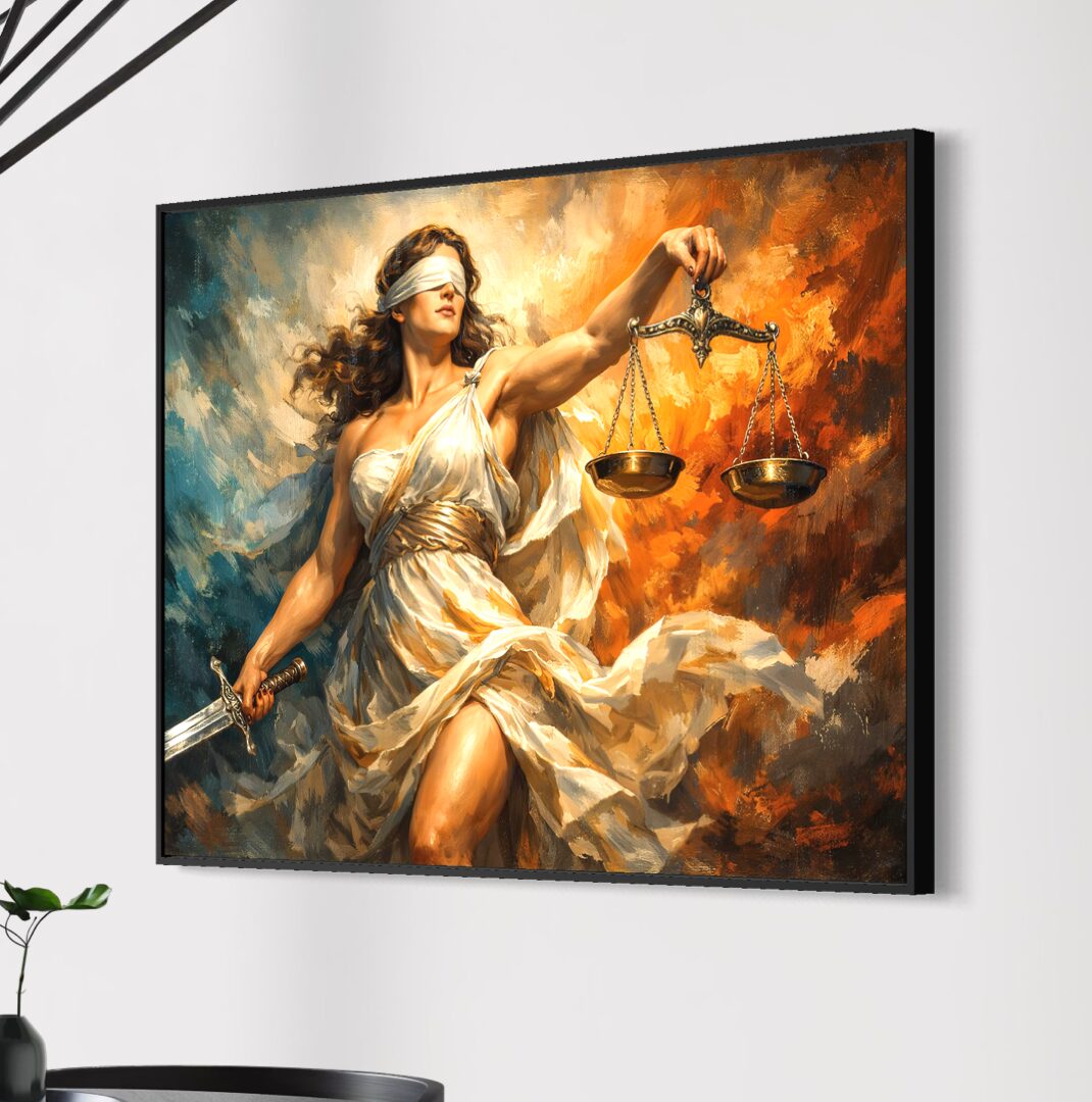 Tableau Justice Ardente – Balance, Épée et Force Symbolique Tableau Justice Ardente en vue latérale avec cadre noir, représentant une femme aux yeux bandés tenant une balance et une épée dans une œuvre symbolique intense.