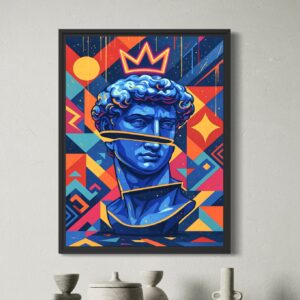 Accueil Tableau King David encadré en noir, représentant un buste bleu couronné dans une composition pop art colorée avec formes géométriques.