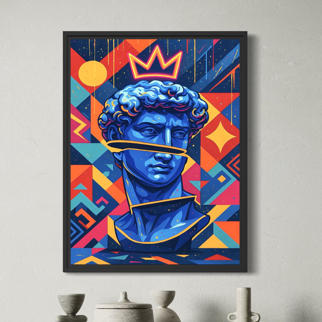 Tableau King David encadré en noir, représentant un buste bleu couronné dans une composition pop art colorée avec formes géométriques.
