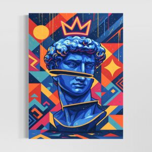 Accueil Tableau King David représentant un buste bleu couronné dans une composition pop art colorée avec formes géométriques, lignes graphiques et couleurs vives.