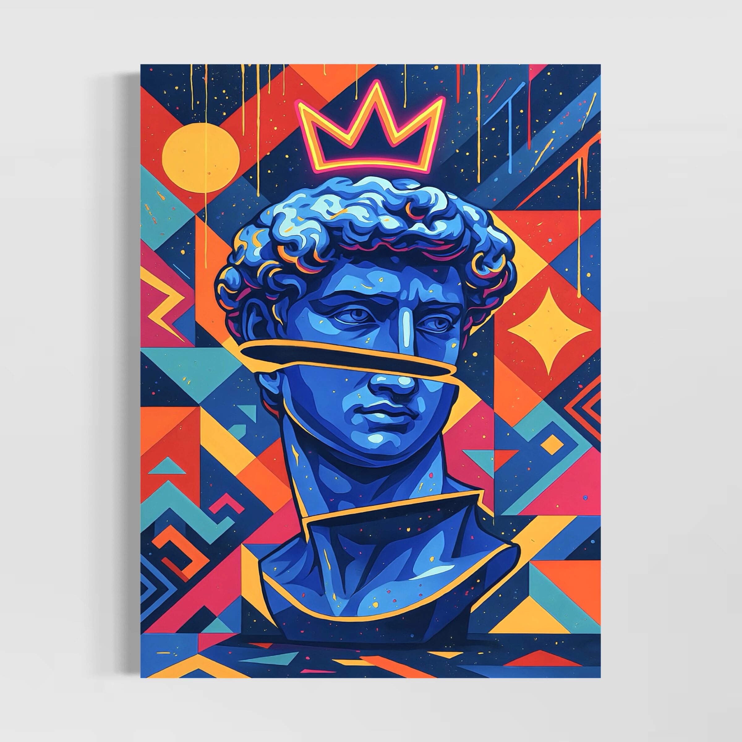 Tableau King David représentant un buste bleu couronné dans une composition pop art colorée avec formes géométriques, lignes graphiques et couleurs vives.