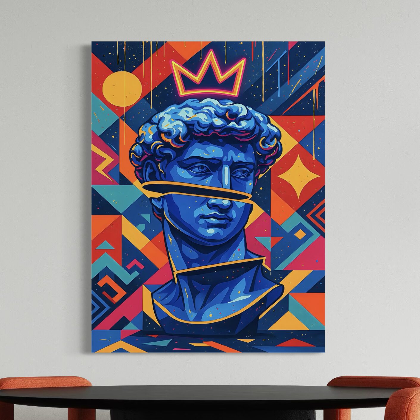 Tableau King David présenté dans une salle à manger moderne, représentant un buste bleu couronné dans une composition pop art colorée et graphique.