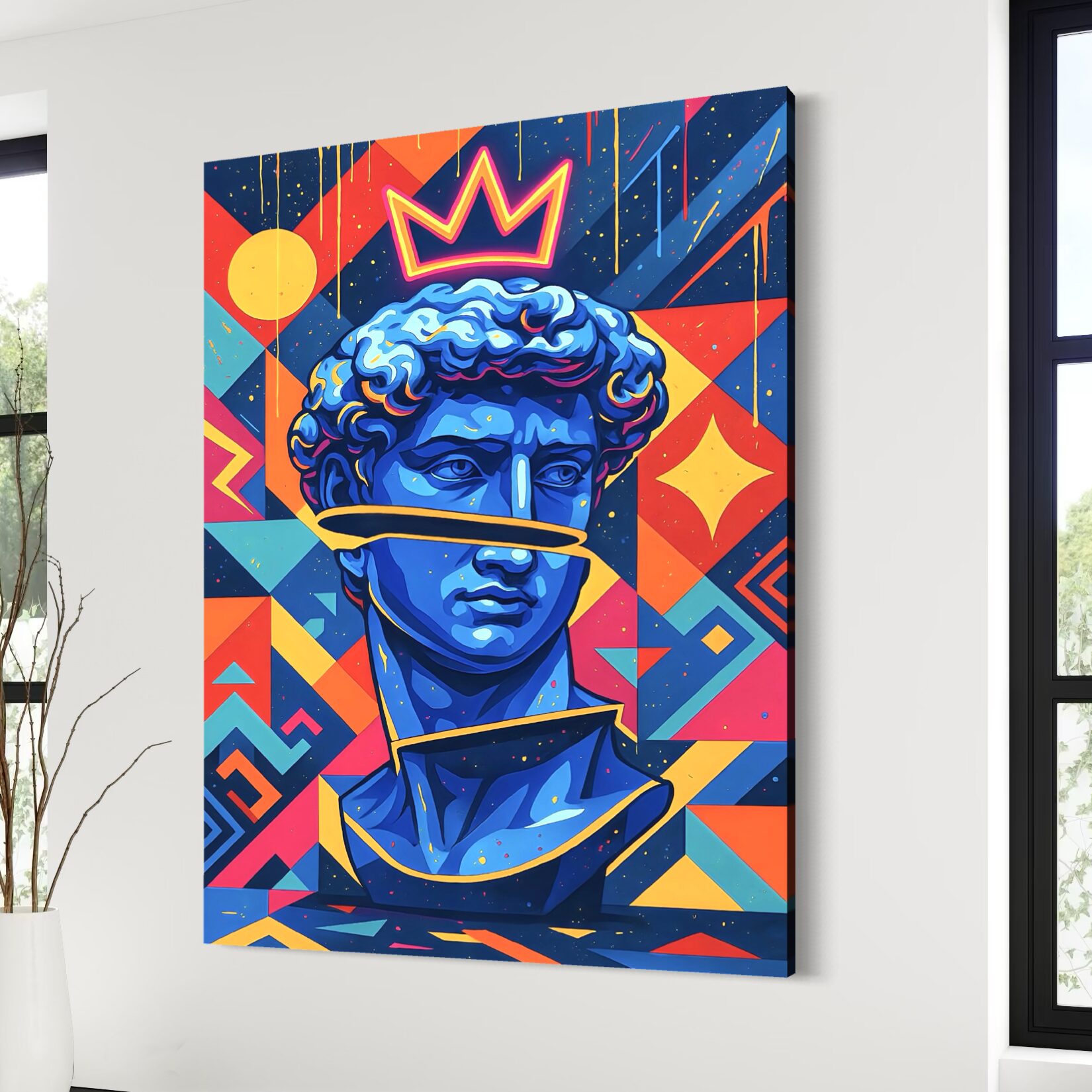 Tableau King David en vue latérale sur un mur clair, représentant un buste bleu couronné dans une composition pop art colorée et géométrique.