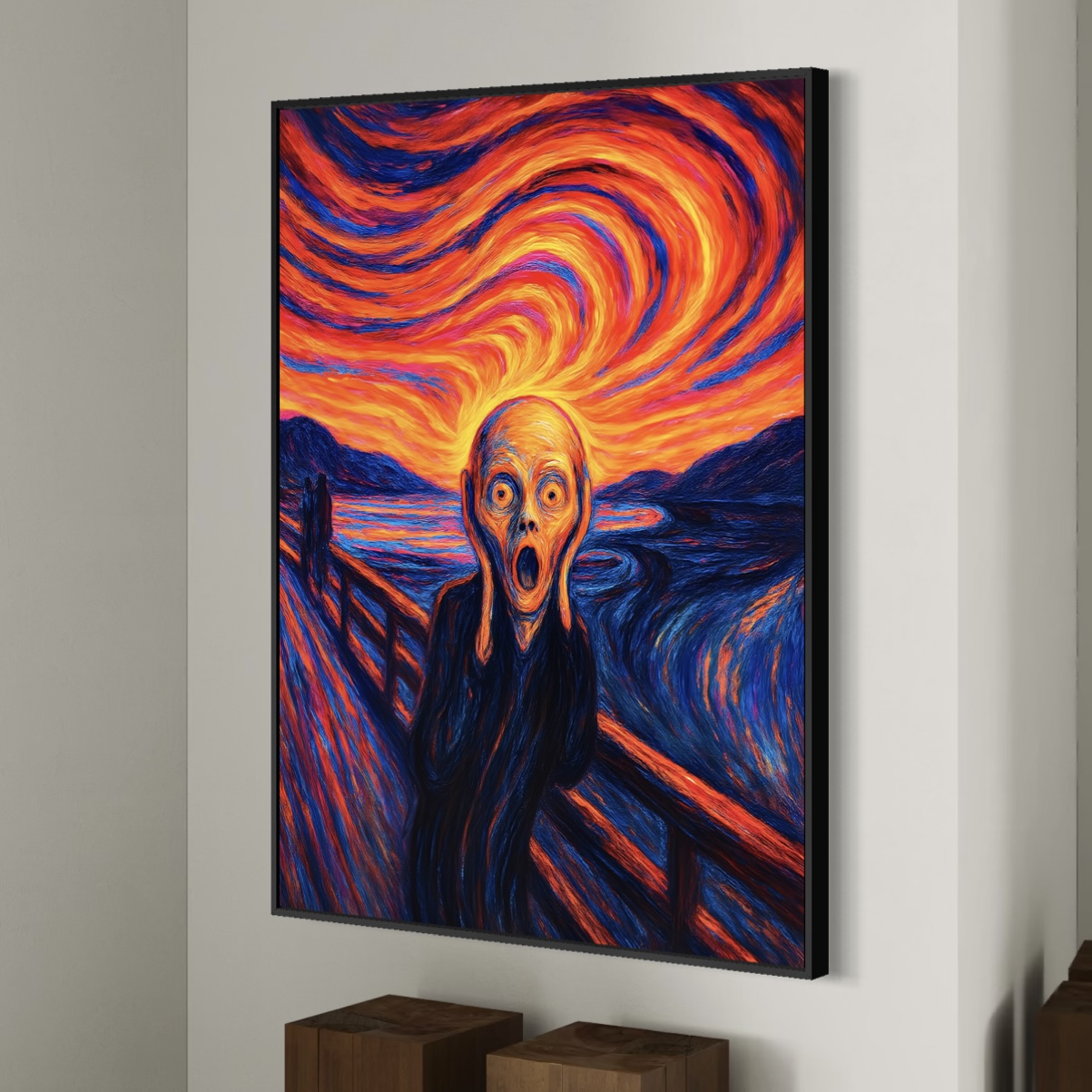 Le Cri de l’Âme – Tableau Expressionniste Contemporain | SPEKTRA Vue en angle du tableau encadré Le Cri de l’Âme mettant en valeur la profondeur du cadre noir et l’intensité des couleurs expressionnistes