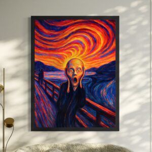 Accueil Tableau encadré Le Cri de l’Âme exposé dans un intérieur contemporain mettant en valeur une œuvre expressionniste aux couleurs rouge, orange et bleu intense